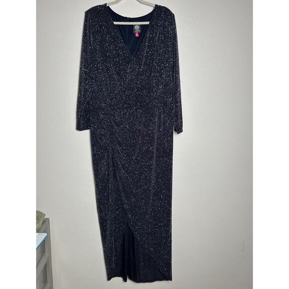 NWT Vince Camuto Ruched Navy Blue Glitter Cocktail Long Sleeve Dress Size 20W - Picture 1 of 6